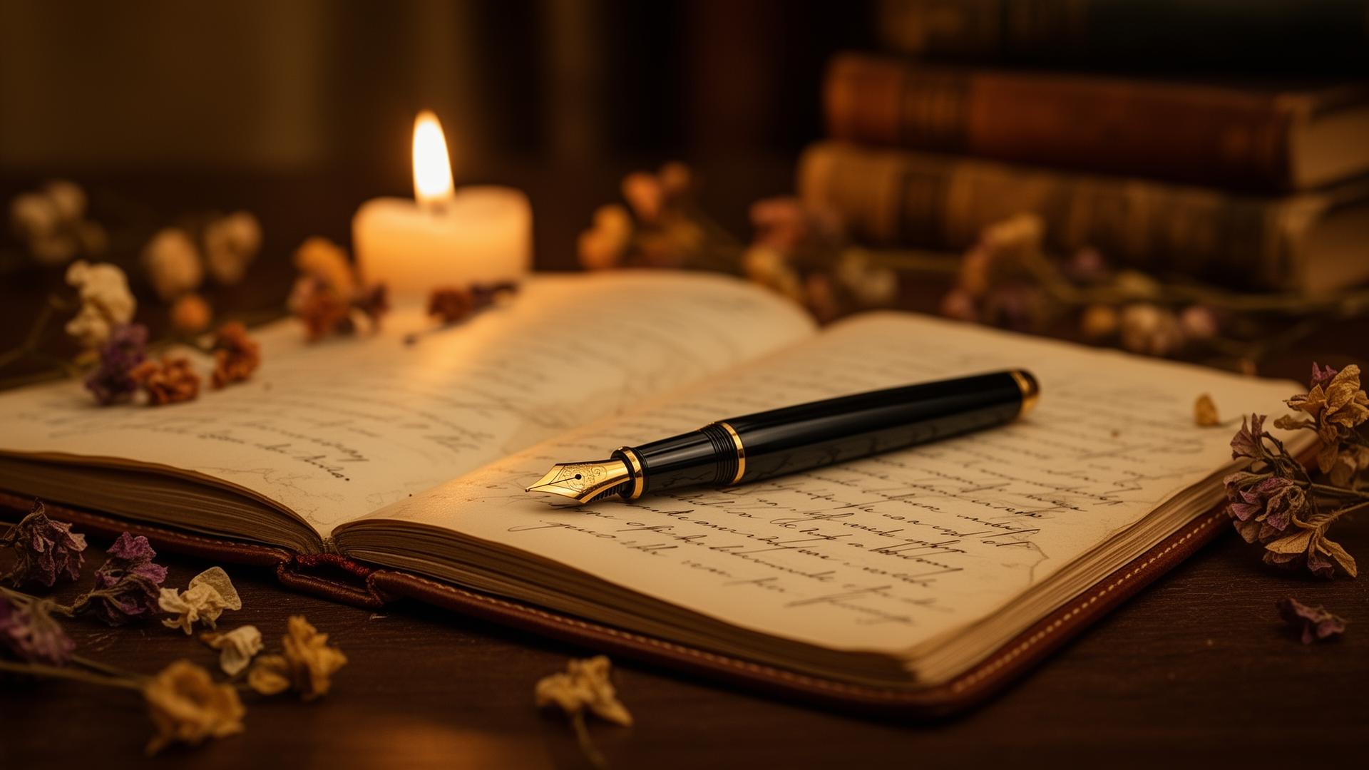 Stilou pe jurnal deschis într-o bibliotecă veche